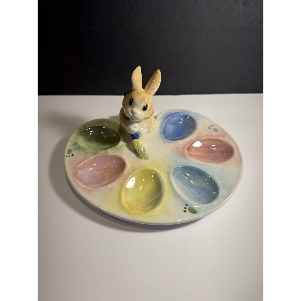 Fitz and Floyd Bunny Deviled Egg Plate Painting Easter Eggs Hand Crafted China